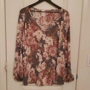 Sew In Love 2X Long Sleeve Gray Background Pink Floral Blouse